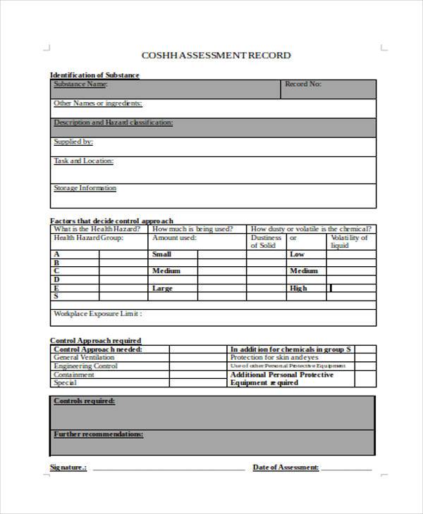 COSHH Assessment Form Template