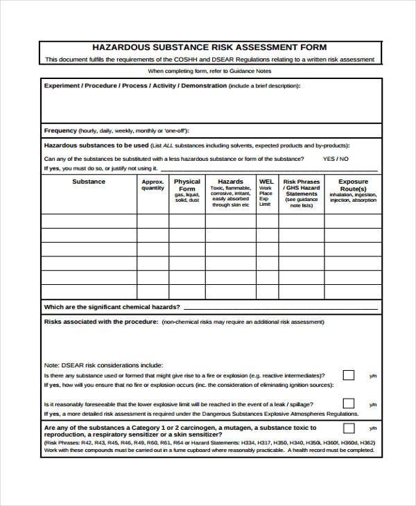 coshh substance assessment form