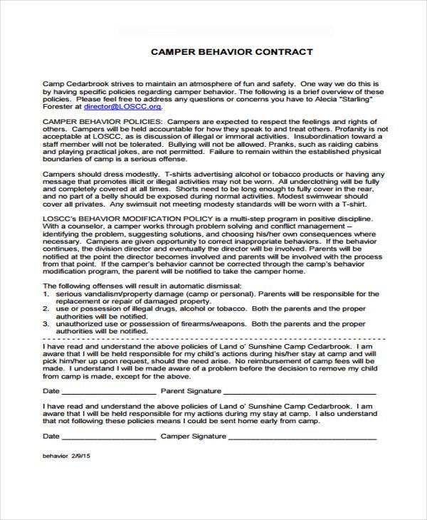 camper behavior contract form