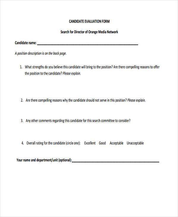candidate evaluation form example