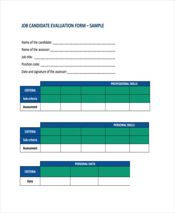 candidate job evaluation form sample