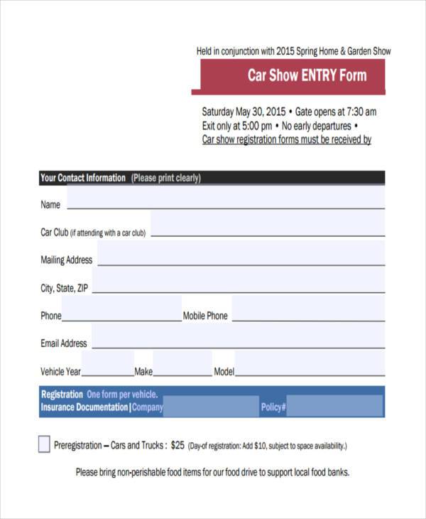 car show entry registration form