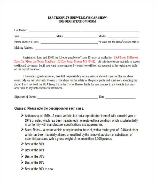 car show pre registration form in doc