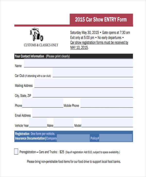 car show registration entry form example