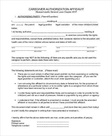 caregiver authorization affidavit form in pdf
