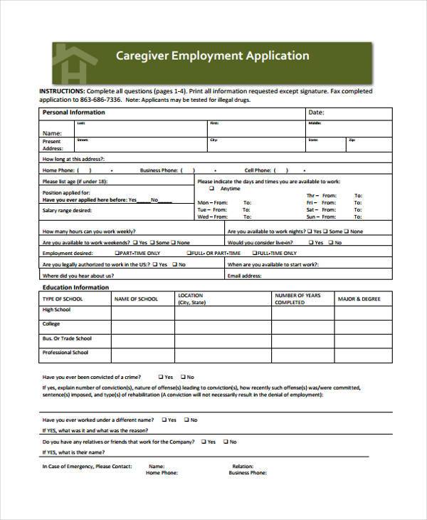 caregiver employment application form
