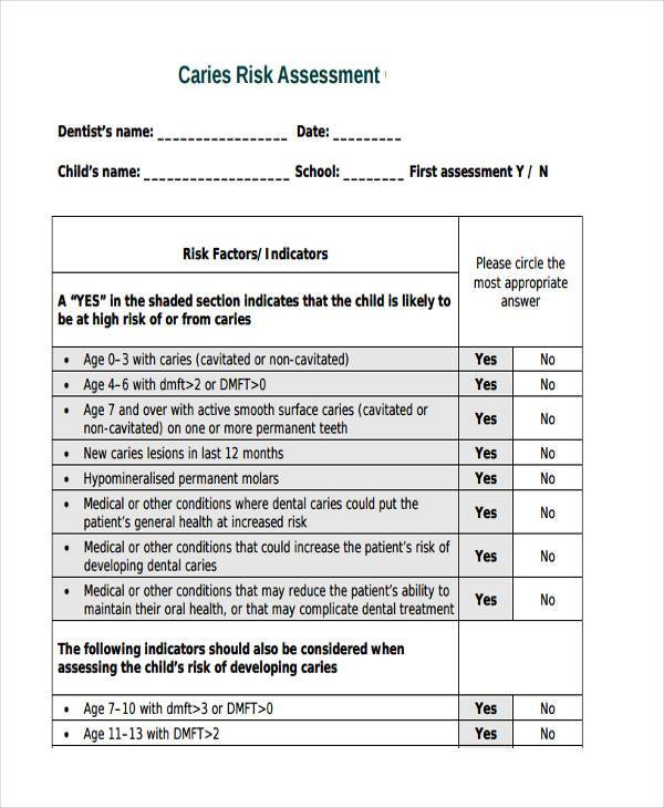 caries risk assessment form example