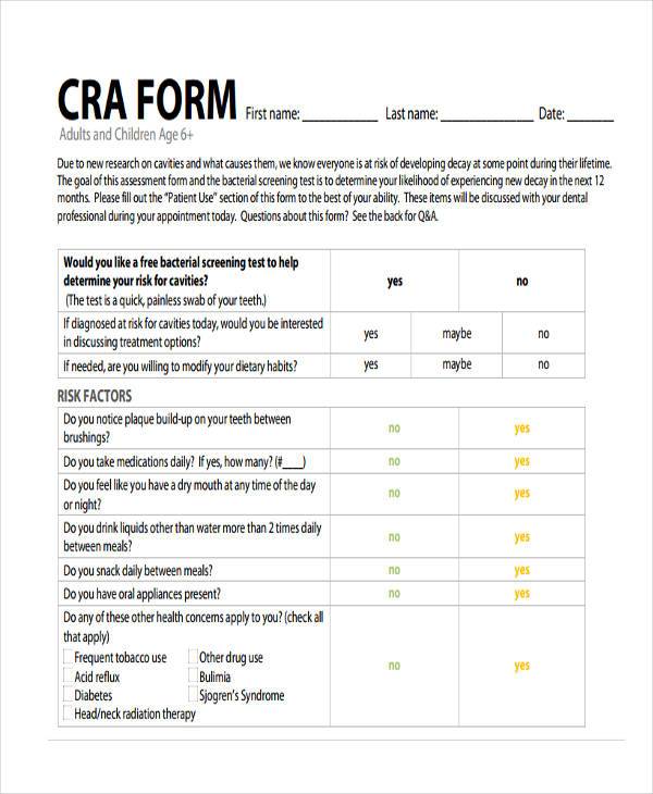 caries risk assessment sample form