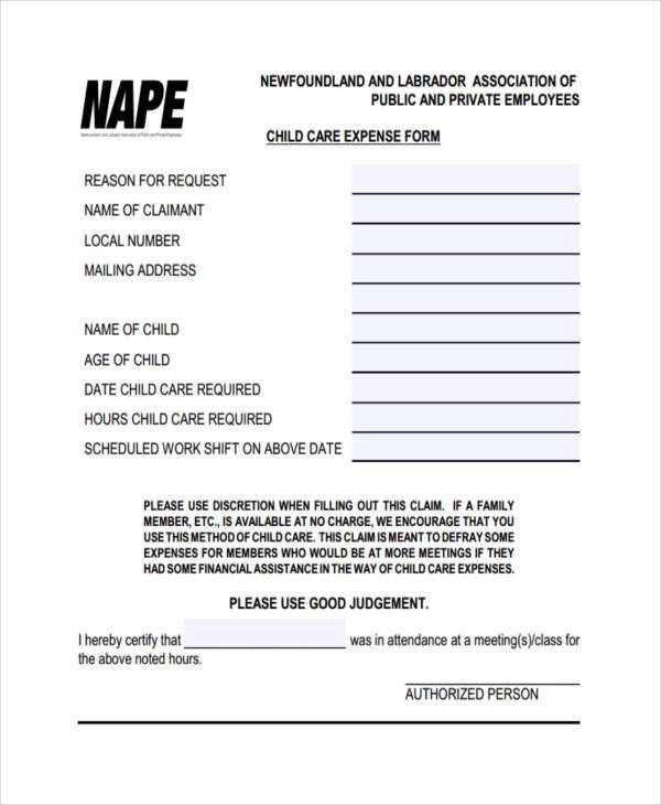 child care business expense form