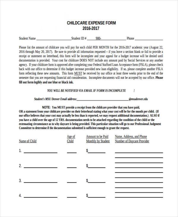 child care expense form example