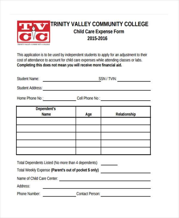 FREE 8+ Sample Child Care Expense Forms in PDF MS Word