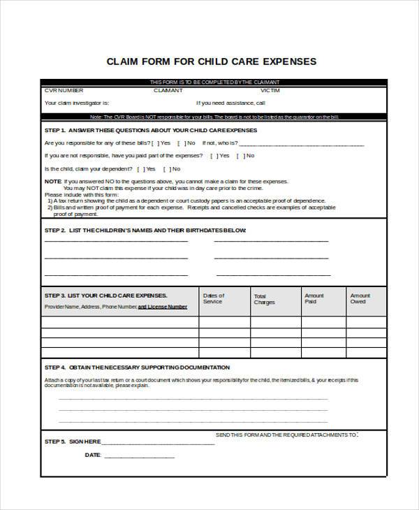 child care expense form in word format