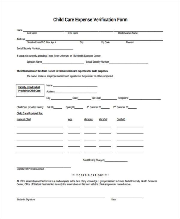 FREE 8+ Sample Child Care Expense Forms in PDF MS Word