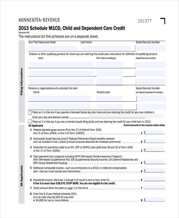child care expenses schedule form