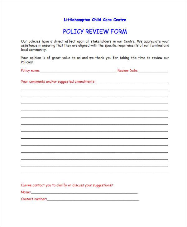 child care policy review form