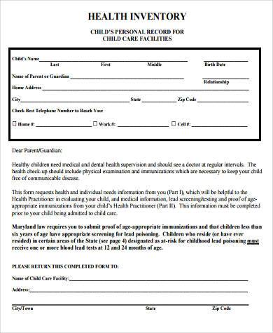 Student Health Inventory FREE 9+ Sample Health Inventory Forms in PDF | MS Word | Excel