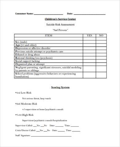 child suicide assessment form