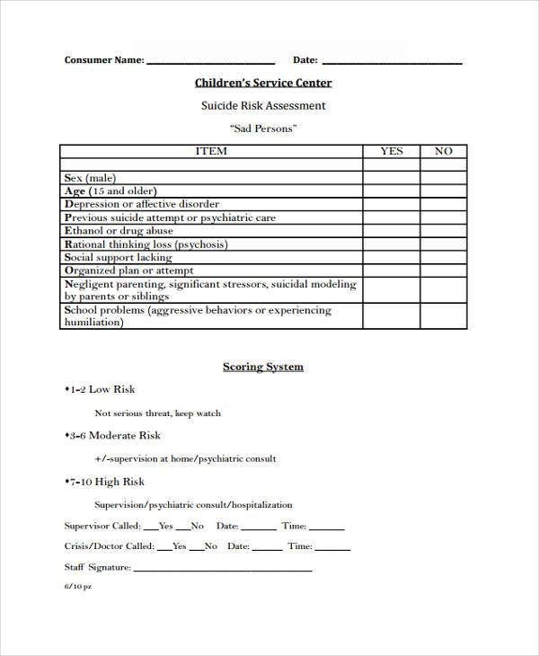 child suicide risk assessment form