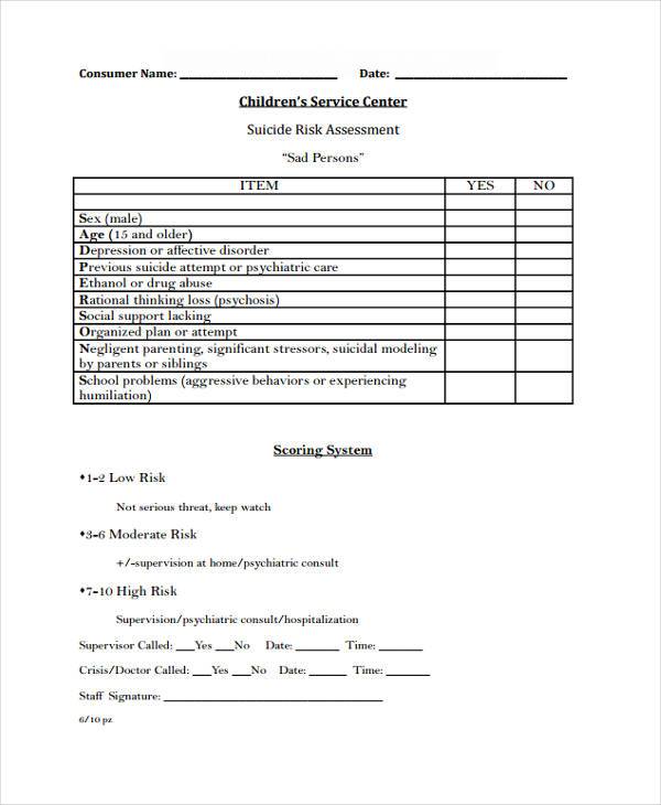 Free 7 Suicide Risk Assessment Forms In Pdf Ms Word 8850