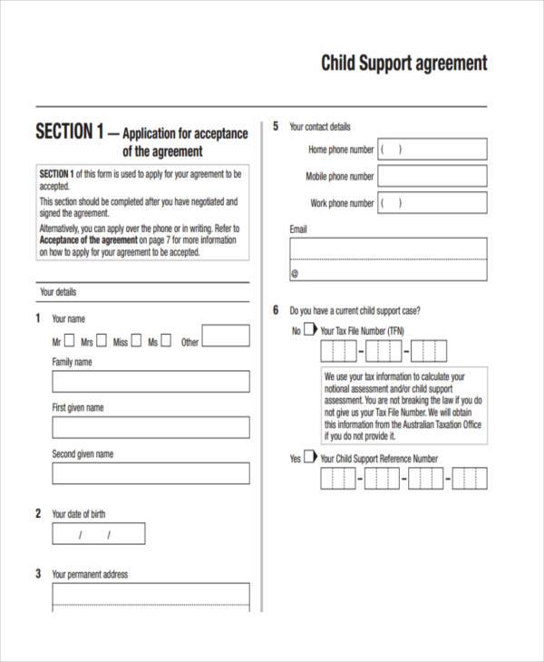 child support agreement form sample