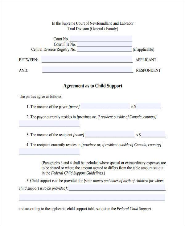 child support agreement form in pdf