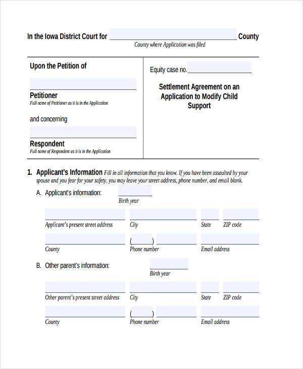 child support settlement agreement form