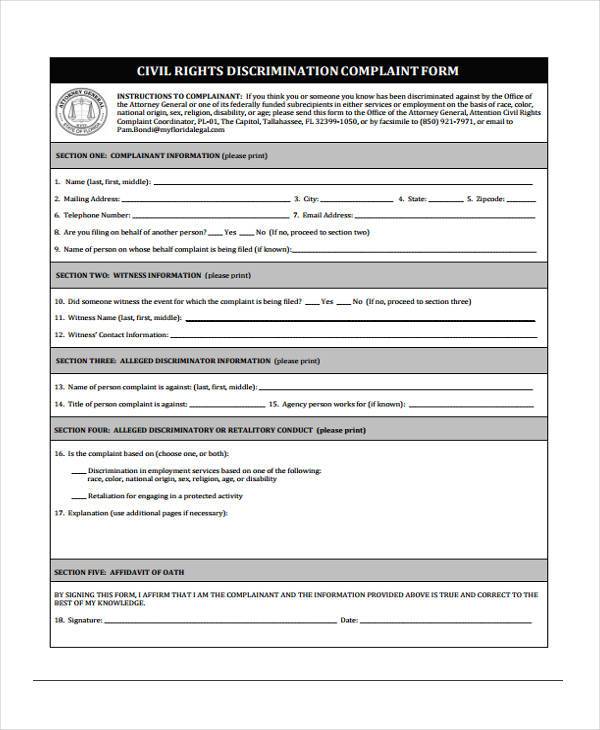 Free 12 Discrimination Complaint Forms In Pdf Ms Word 4609