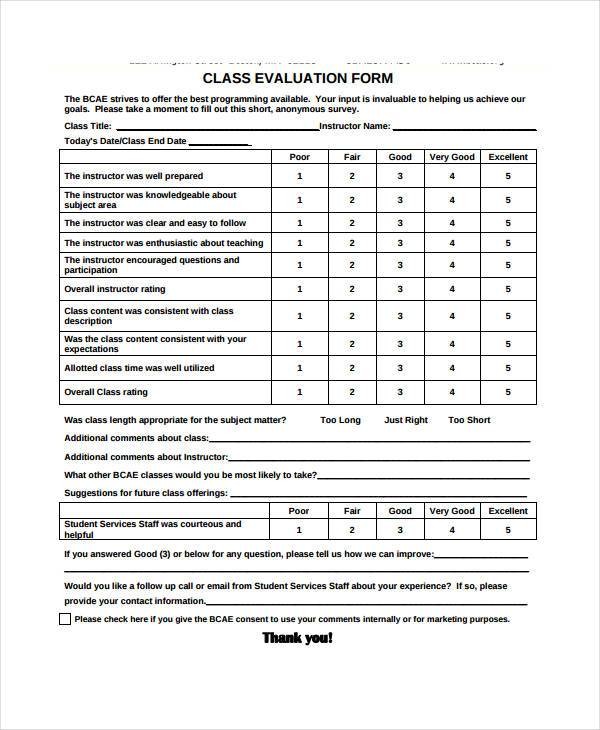 class evaluation form example