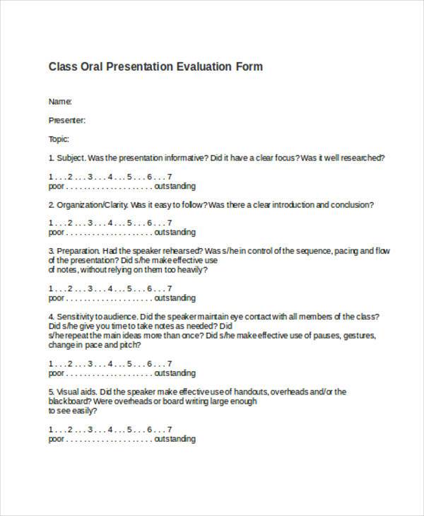 class oral presentation evaluation form example
