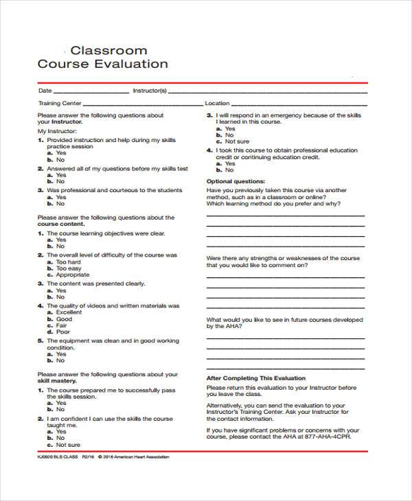 classroom course evaluation form