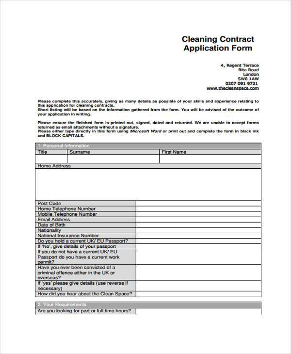 cleaning contract application form in pdf
