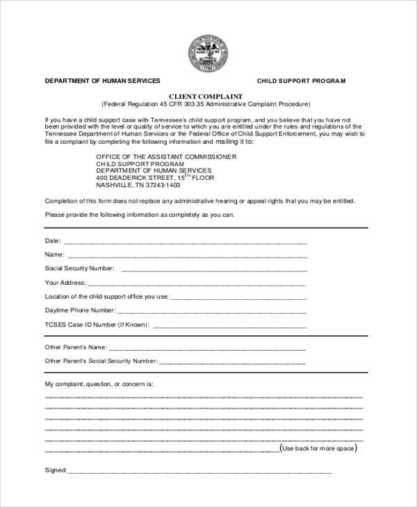 client complaint information form sample