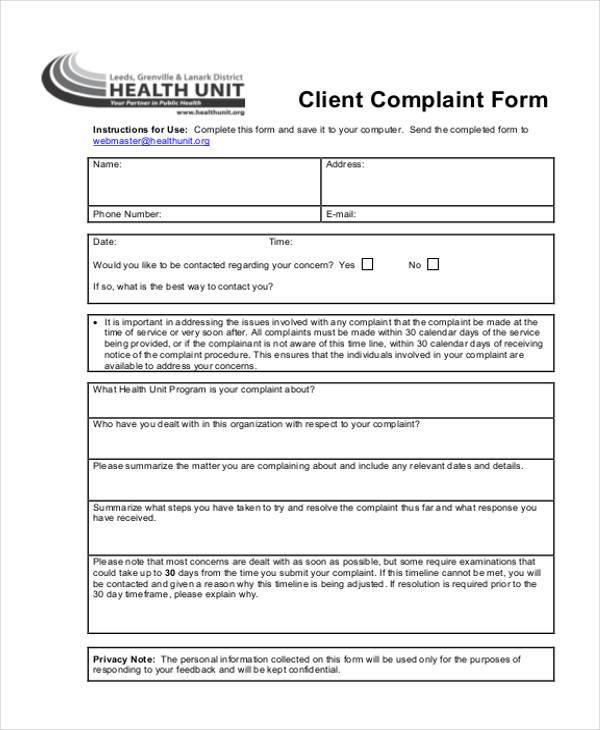 client complaint information form in pdf