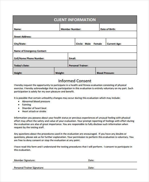 client fitness evaluation form