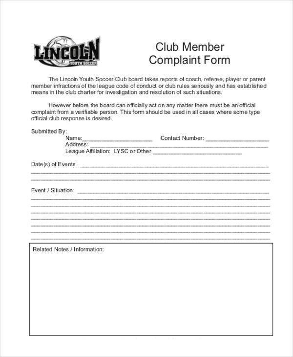 club member complaint form