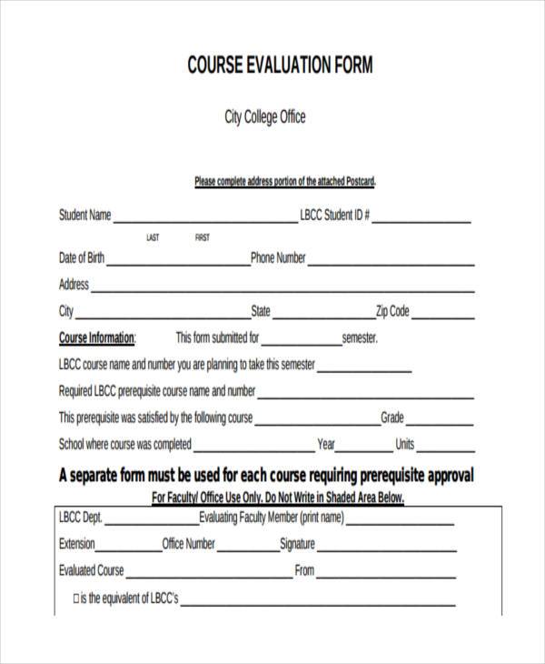 college course evaluation form sample