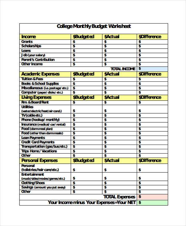 college monthly budget form