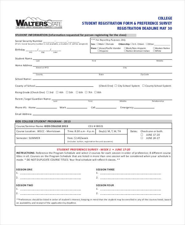 college student registration form template