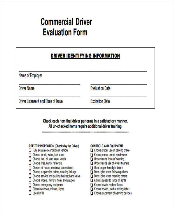 commercial driver evaluation form