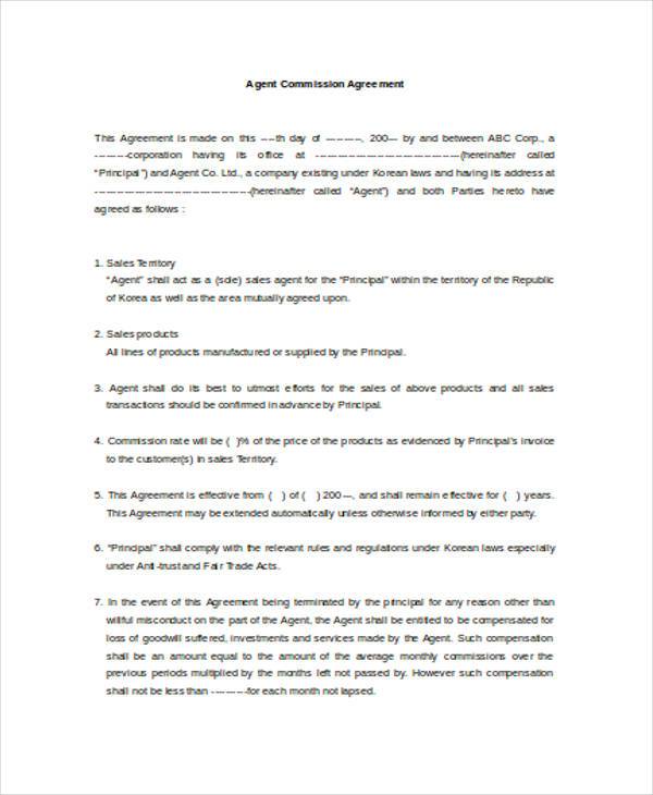 commission agent agency agreement form