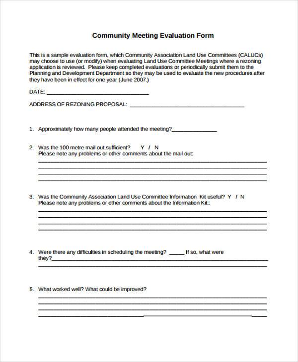 community meeting evaluation form sample