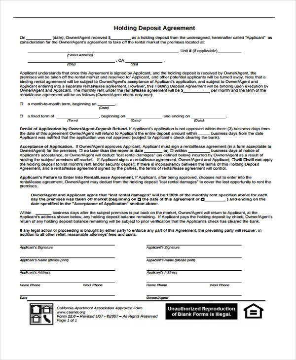 FREE 9+ Holding Deposit Agreement Forms in PDF MS Word