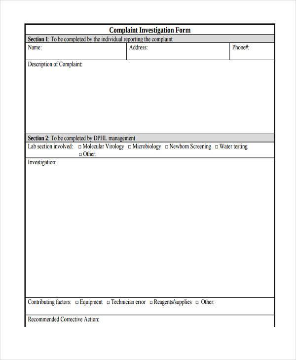 complaint investigation form example