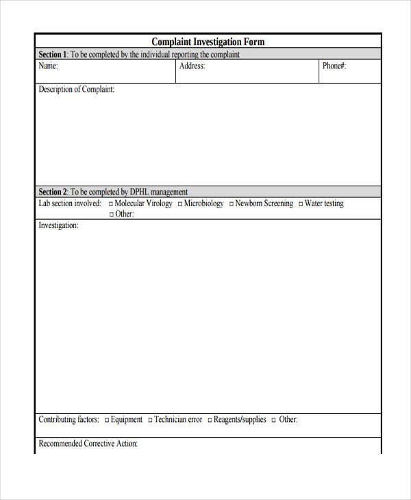 FREE 8+ Sample Complaint Investigation Forms in PDF | MS Word