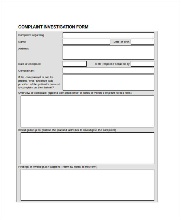 complaint investigation form in doc