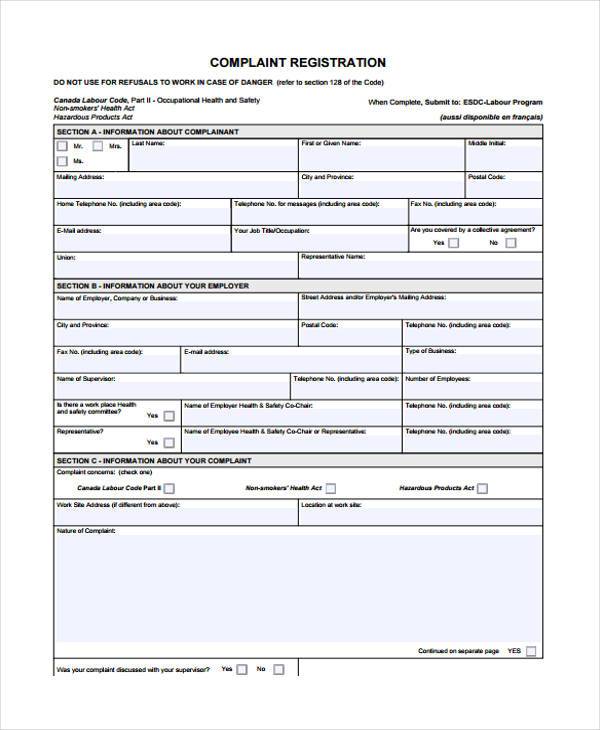 complaint register simple form