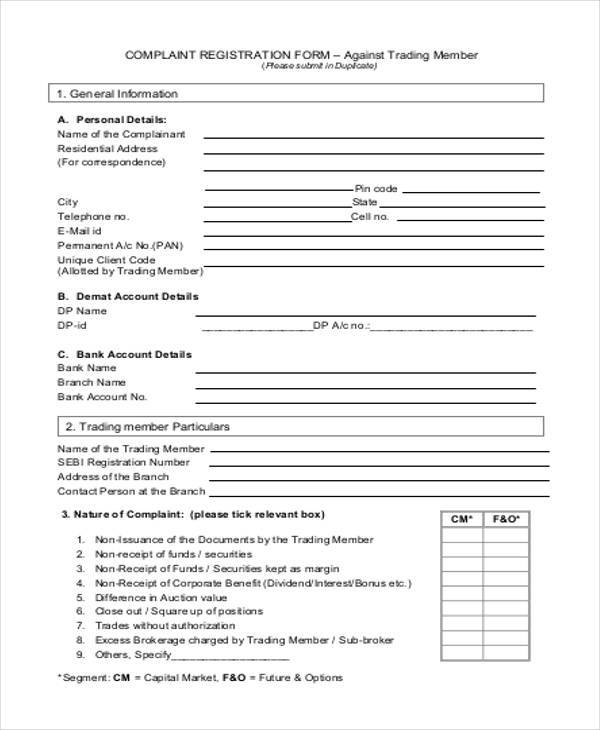 complaint registration form format