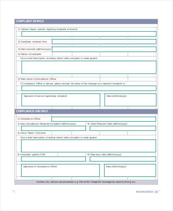 complaints register form in doc