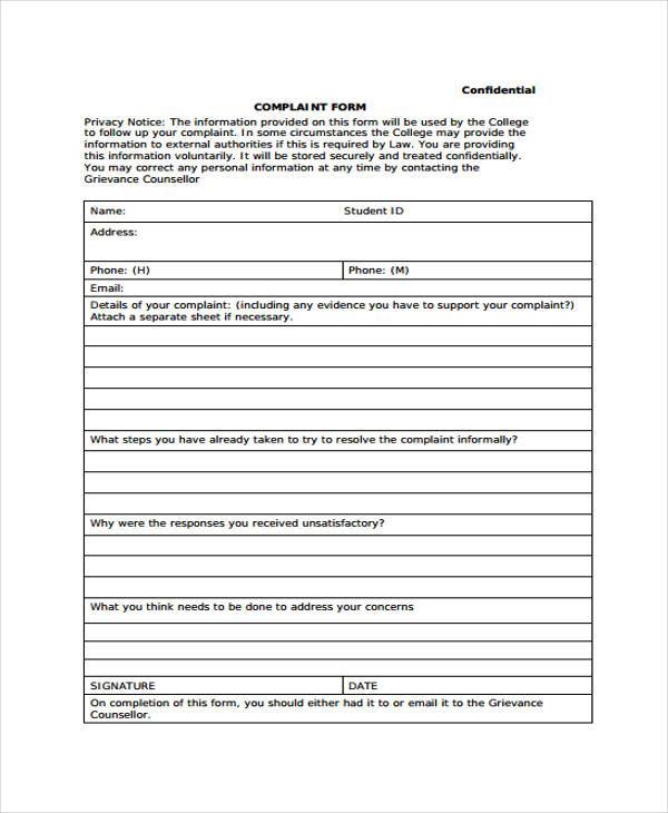 confidential complaint form