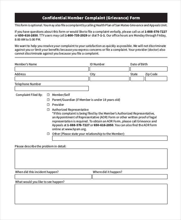 confidential member complaint form